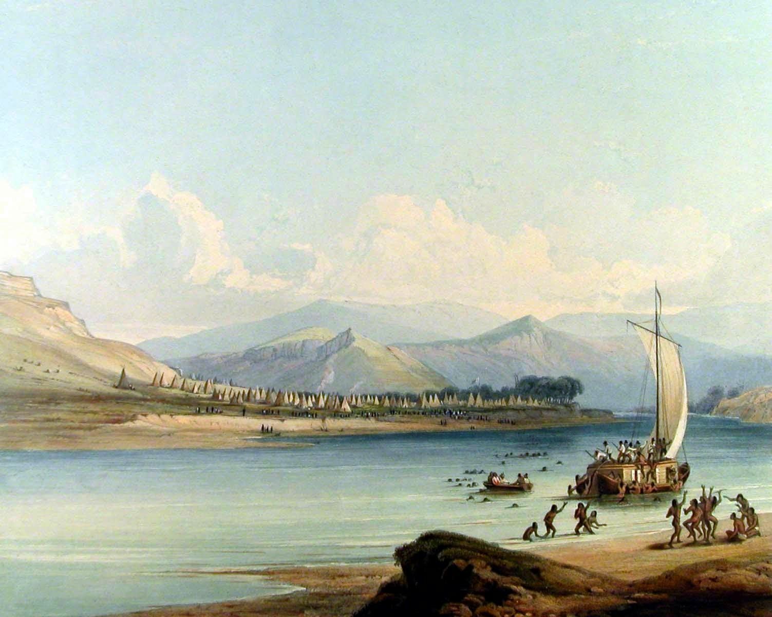Native Americans view a boat from the shore Native Americans view a boat from the shore